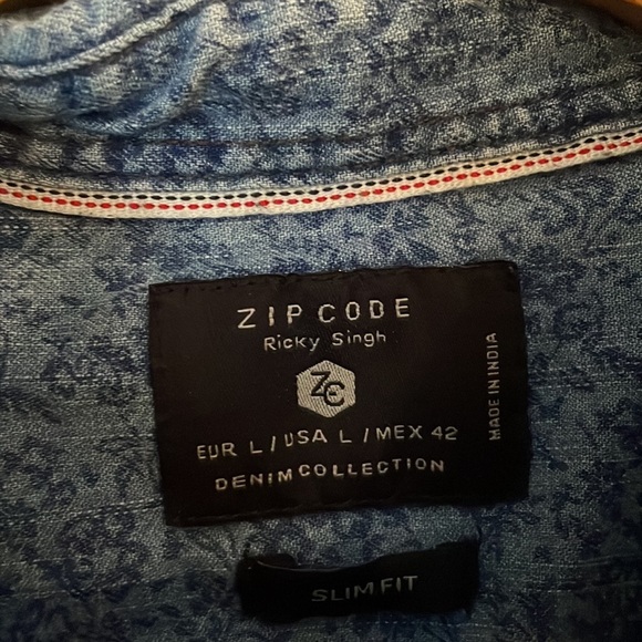 Zipcode By Ricky Singh Shirt SZ L Slim Fit Denim Blue with Floral Design Button - Picture 6 of 11